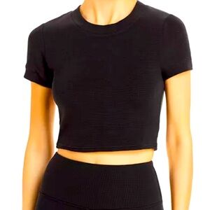 ALO Yoga Sierra Waffleknit Black Cropped Short Sleeve Top Tee Shirt Sz L Stretch